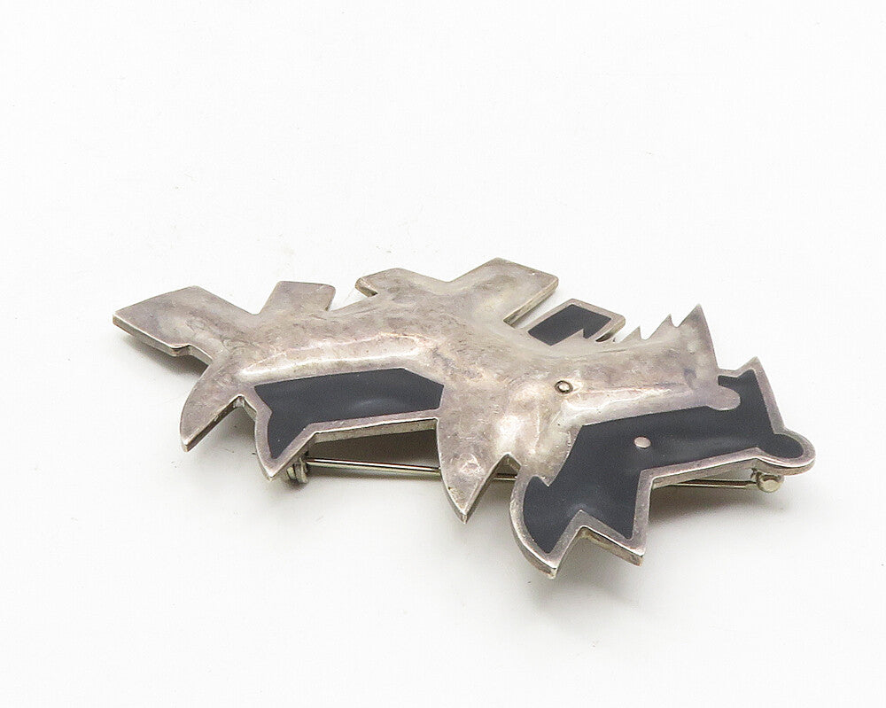 MEXICO 925 Sterling Silver  Vintage Black Onyx Double Dog Brooch Pin  BP4092