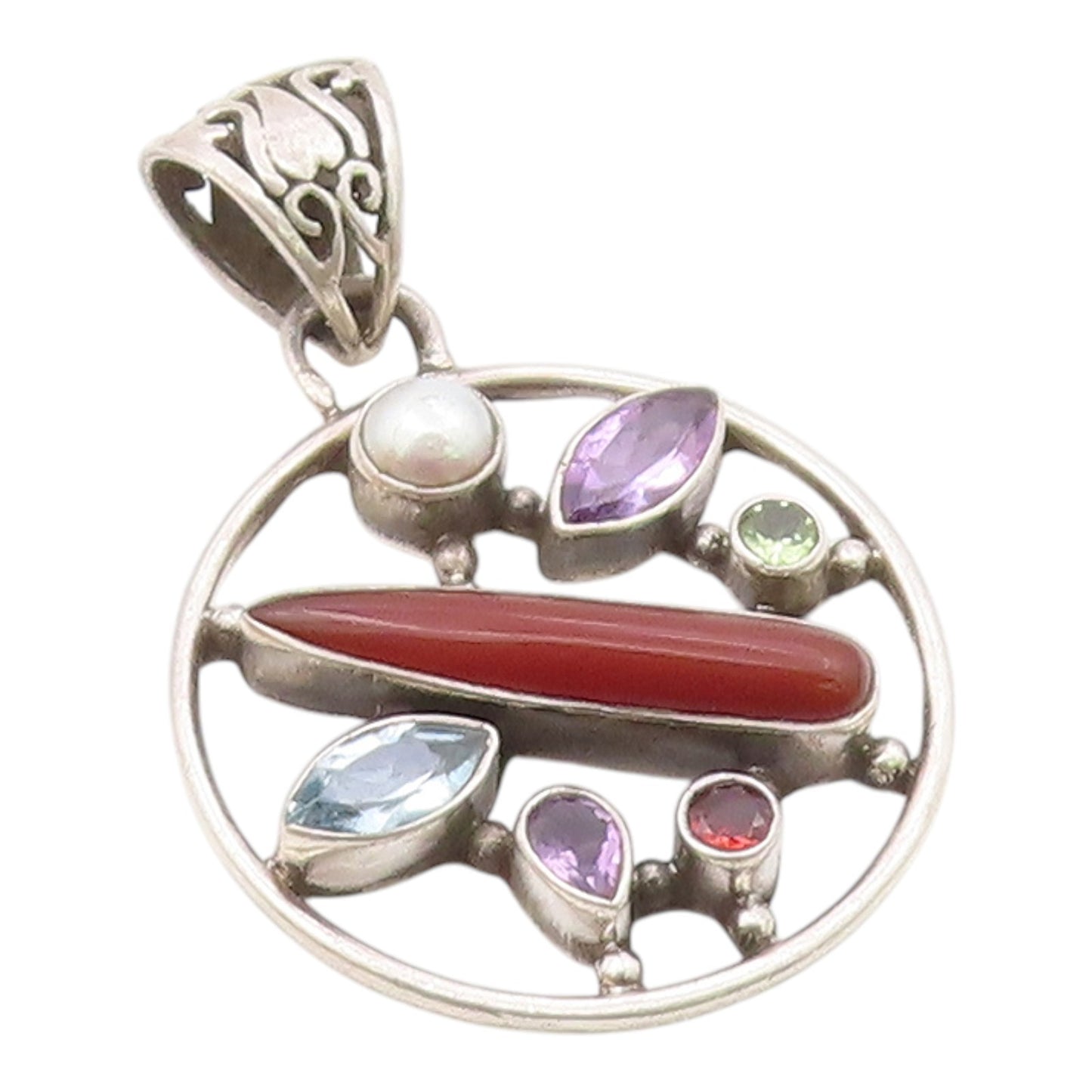 925 Silver Vintage Pearl Carnelian Amethyst & Multi Stone Pendant PT15285