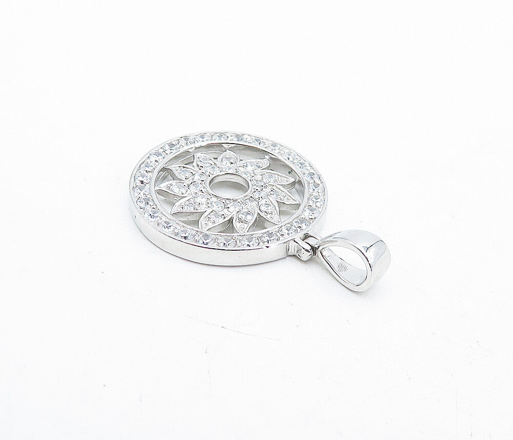 925 Sterling Silver  Shiny Topaz Open Floral Design Round Drop Pendant  PT3206