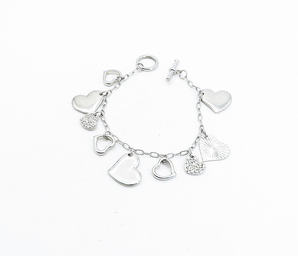 925 Sterling Silver  Vintage Topaz Love Heart Charmed Chain Bracelet  BT1496