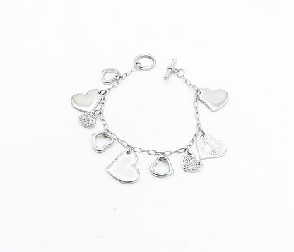 925 Sterling Silver  Vintage Topaz Love Heart Charmed Chain Bracelet  BT1496