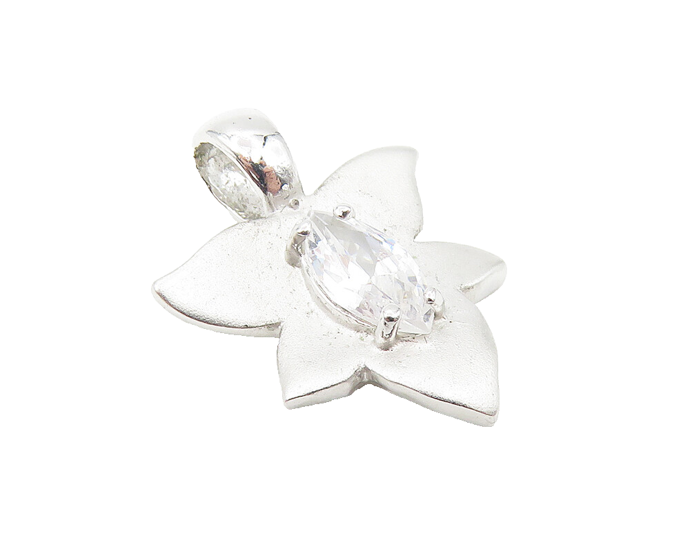 925 Sterling Silver  Marquise Cut Cubic Zirconia Floral Leaf Pendant  PT8712