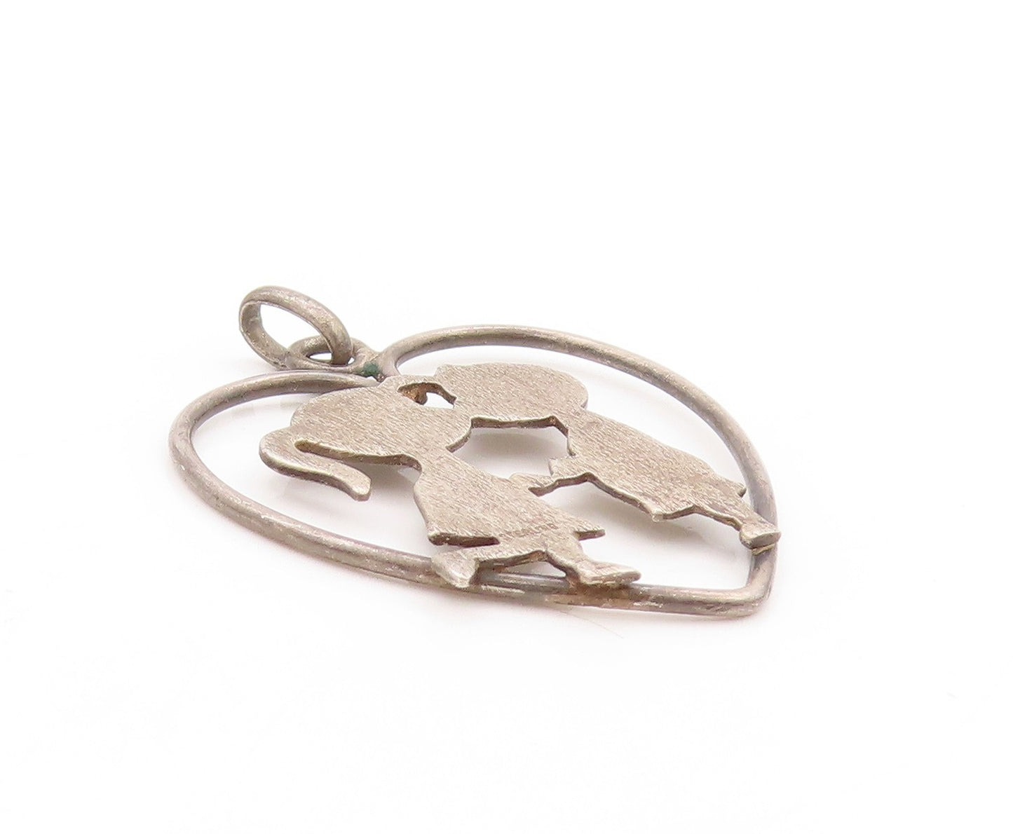 925 Sterling Silver Vintage Pendant Childhood Kissing Lovers Cut Heart  PT24224