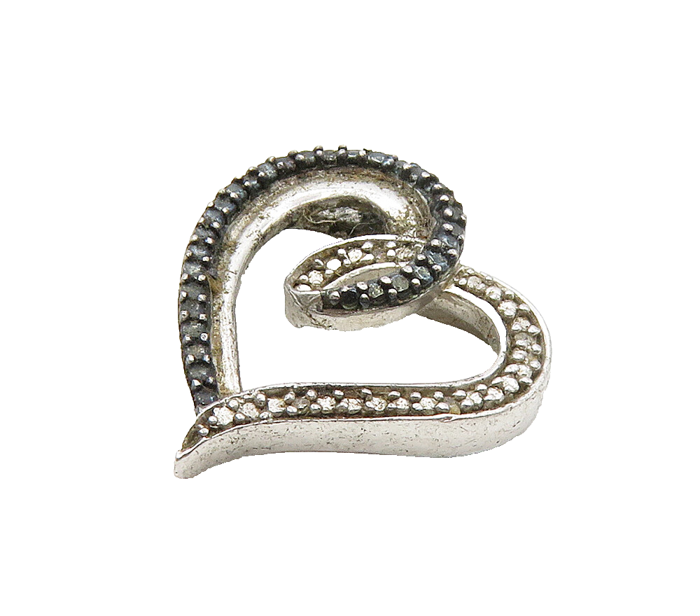 925 Sterling Silver Vintage Genuine Black & White Diamonds Heart Pendant PT12433