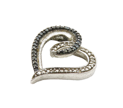 925 Sterling Silver Vintage Genuine Black & White Diamonds Heart Pendant PT12433
