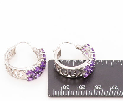 925 Sterling Silver Vintage Earrings Oval Amethyst Inlay Carved Hoops  EG13401