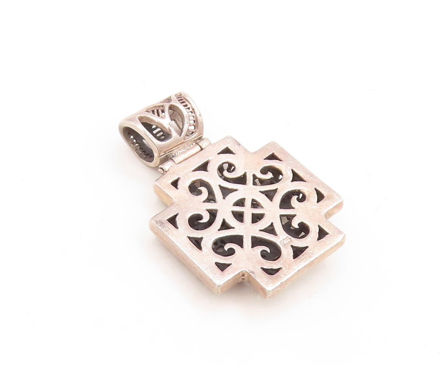 925 Sterling Silver Vintage Pendant Dark Tone Brutalist Cut Plus Sign  PT23873