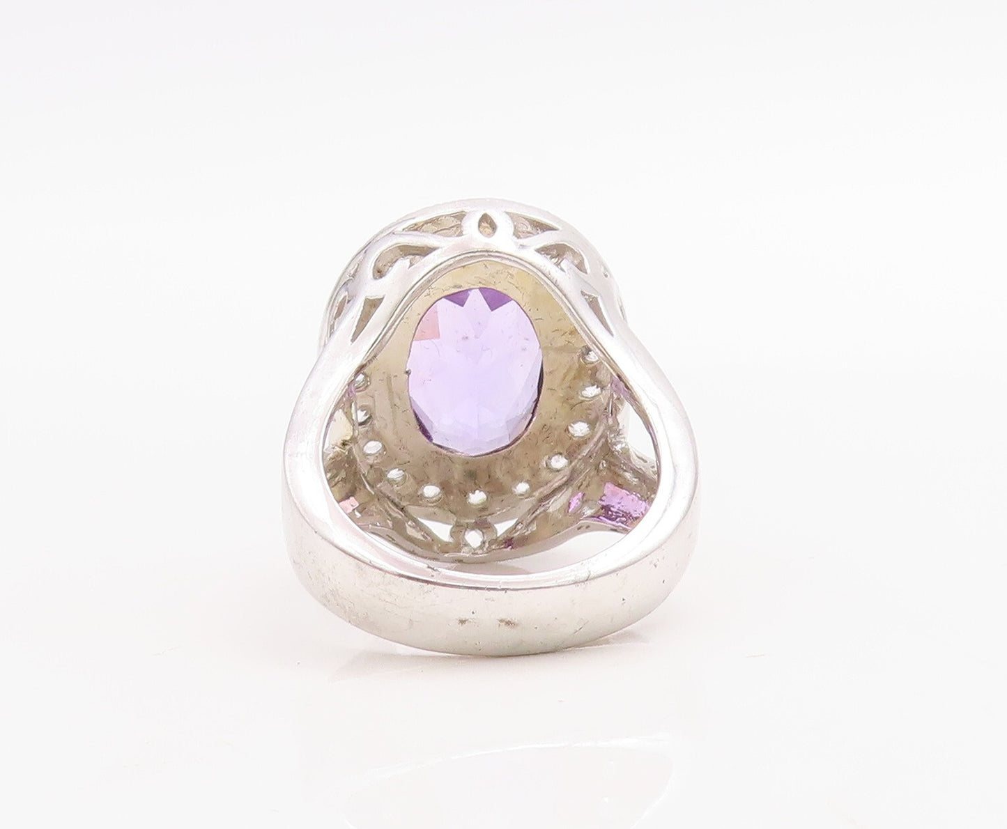 925 Sterling Silver Vintage Ring Oval Amethyst Halo CZ Frame  Sz 7  RG30975