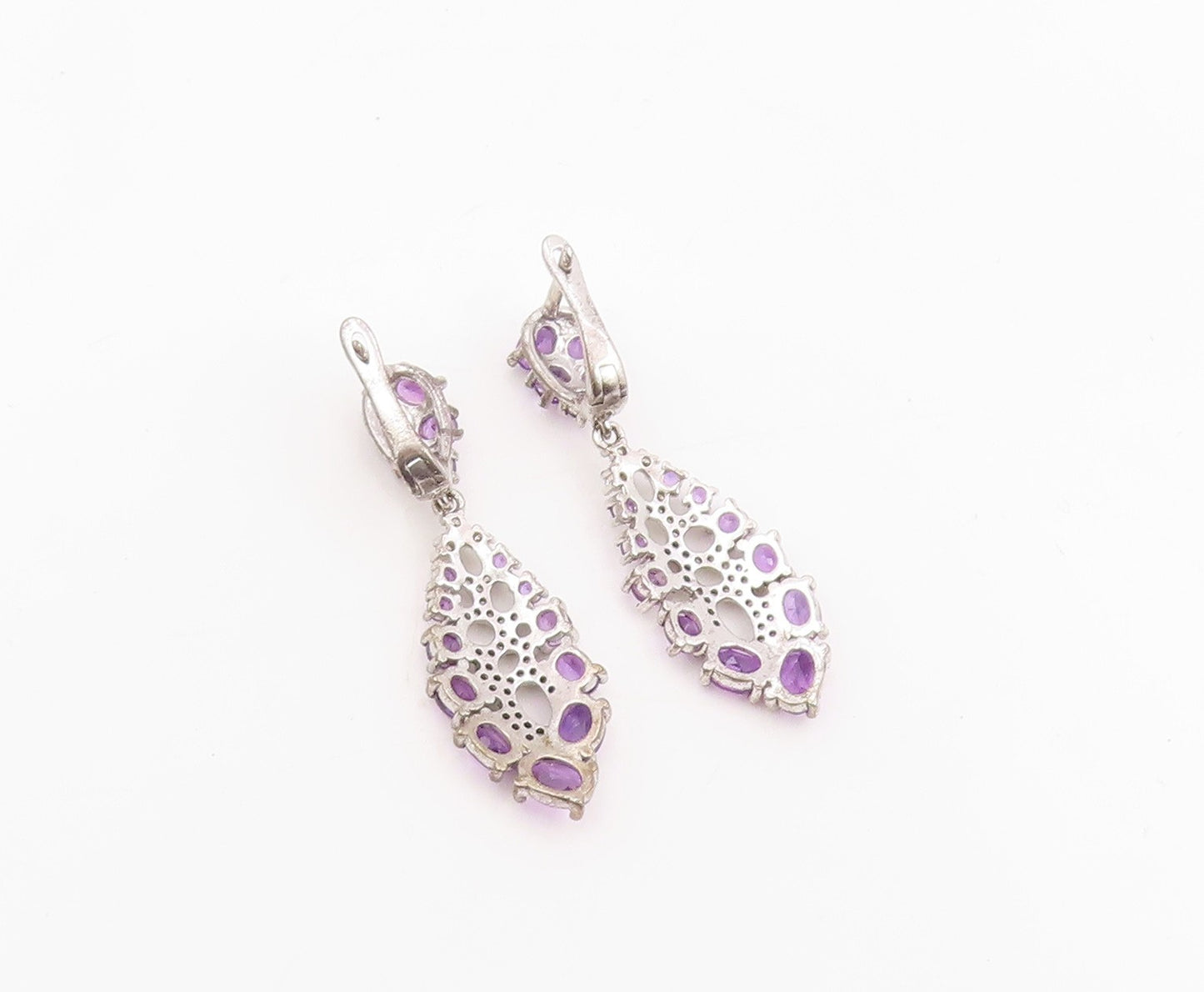 925 Sterling Silver Vintage Earrings Amethyst & CZ Marquise Cluster Drop EG13837