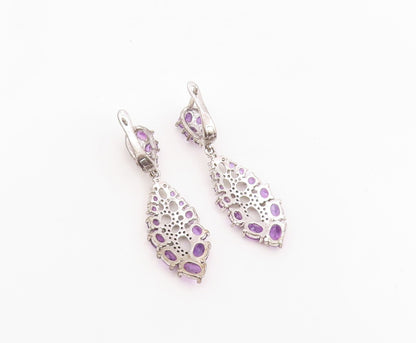 925 Sterling Silver Vintage Earrings Amethyst & CZ Marquise Cluster Drop EG13837