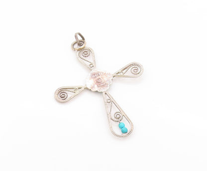 925 Sterling Silver Vintage Pendant Designer Wirework Turquoise Cross  PT24097