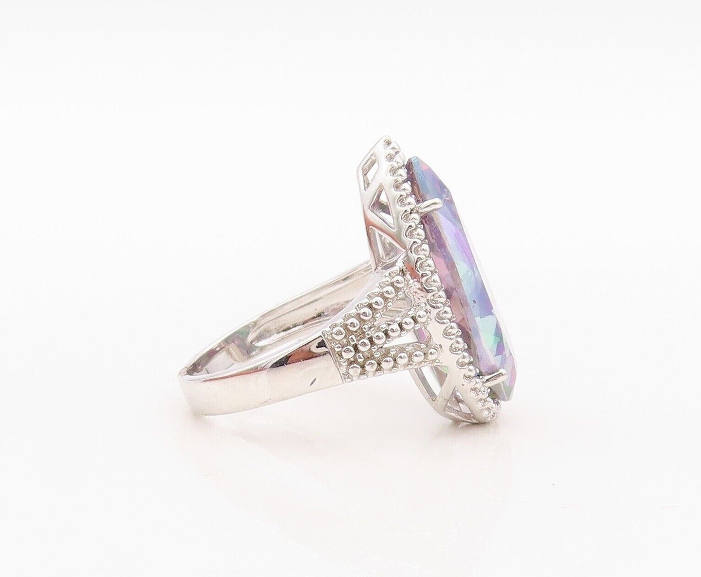 925 Sterling Silver Vintage Ring Drop Cut Mystic Topaz Carved  Sz 7.5  RG30014