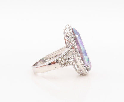 925 Sterling Silver Vintage Ring Drop Cut Mystic Topaz Carved  Sz 7.5  RG30014