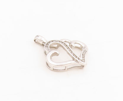925 Sterling Silver Vintage Pendant Real Diamonds Twin Love Heart Charm  PT25524