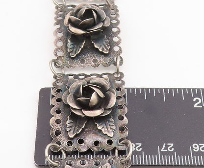 925 Sterling Silver Vintage Bracelet Dark Tone Floral Roses Link Chain  BT11429