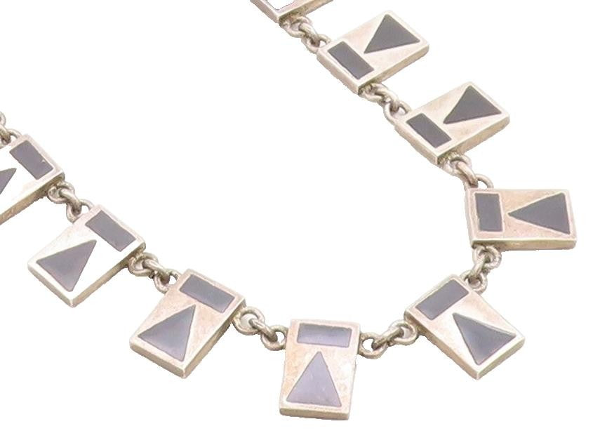 MEXICO 925 Sterling Silver Vintage Inlaid Black Stone Chain Necklace  NE1967