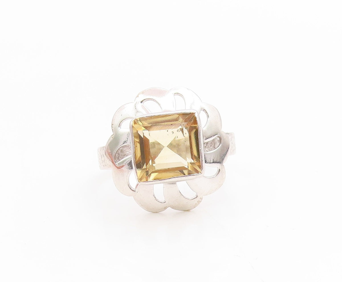 925 Sterling Silver Vintage Ring Modernist Citrine Floral Cutout  Sz 7  RG36175