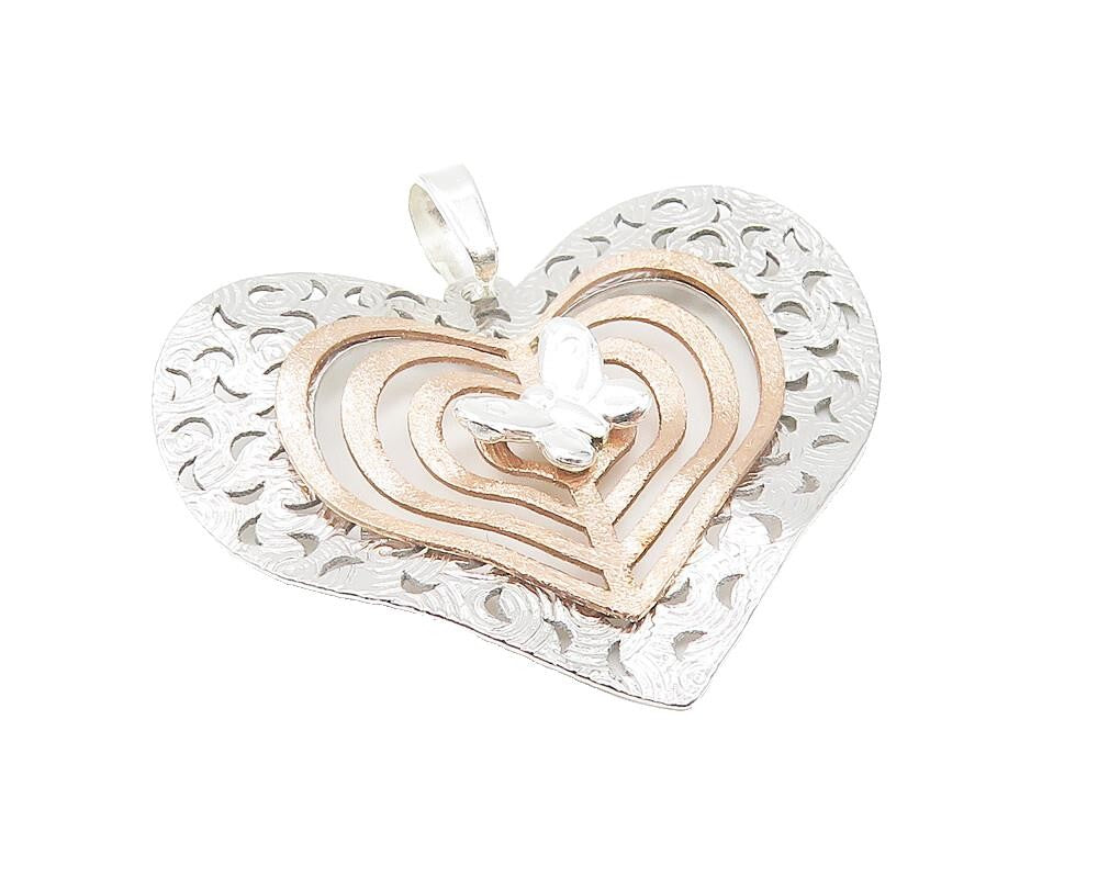 925 Sterling Silver  Shiny Two Tone Butterfly Love Heart Drop Pendant  PT9278