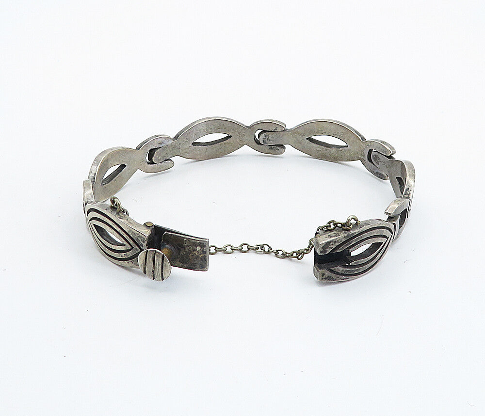 MEXICO 925 Sterling Silver  Vintage Dark Tone Hinge Link Chain Bracelet BT2732