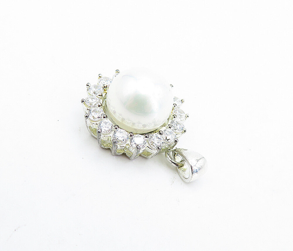 925 Sterling Silver  Freshwater Pearl & Cubic Zirconia Drop Pendant  PT3309