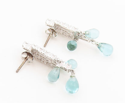 925 Sterling Silver Vintage Earrings Aquamarine & CZ Pave Classic Drop  EG14164