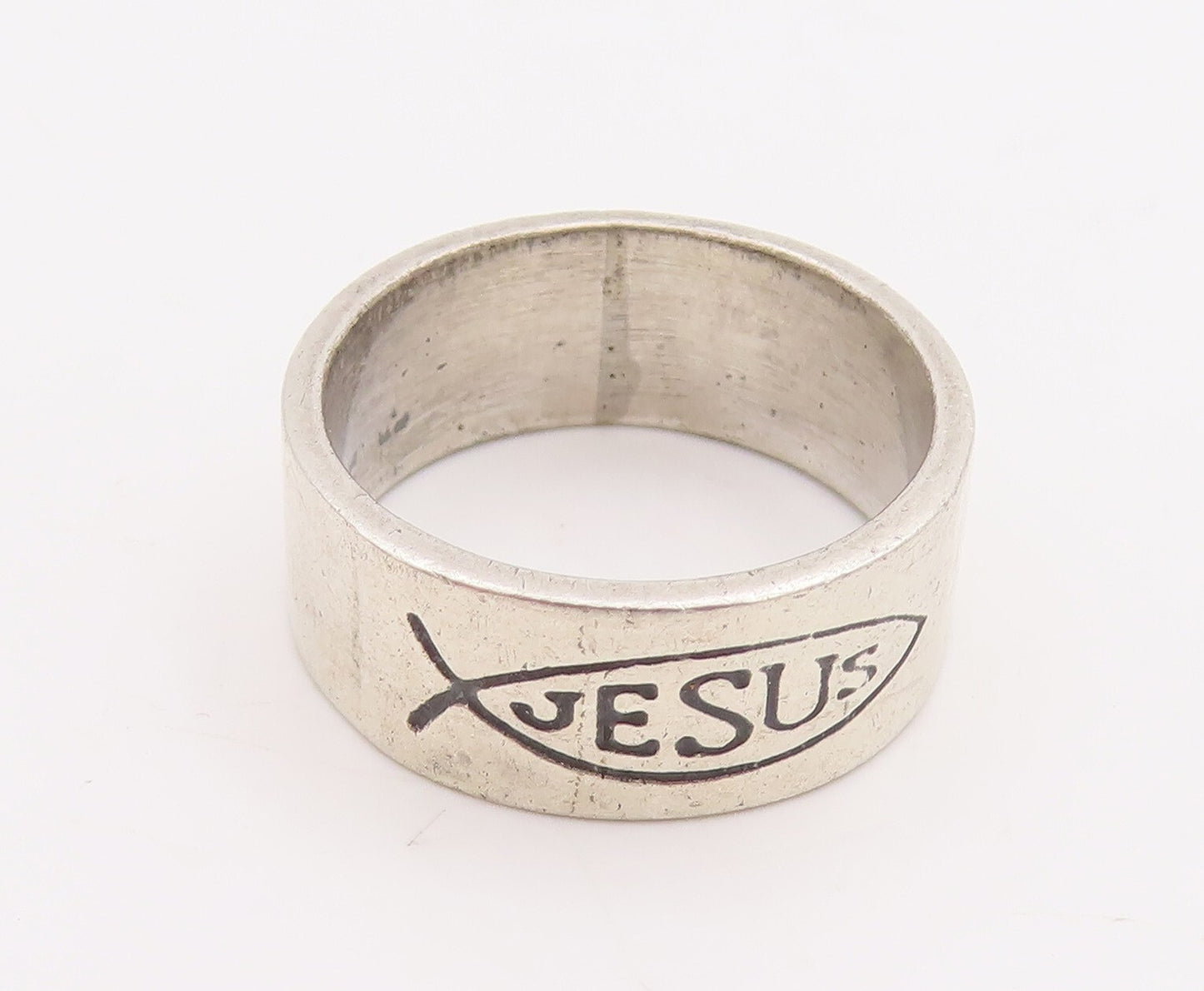 925 Sterling Silver Vintage Ring MEXICO Etched Fish Jesus  Sz 9  RG28897