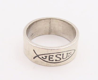 925 Sterling Silver Vintage Ring MEXICO Etched Fish Jesus  Sz 9  RG28897