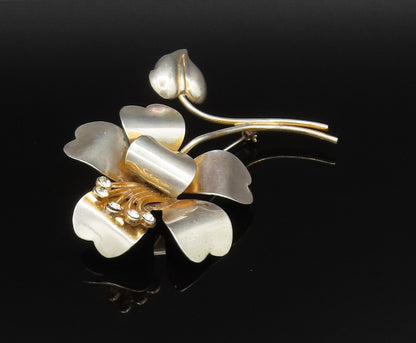 925 Silver  Vintage Two Tone Cubic Zirconia Stem Flower Brooch Pin  BP9914