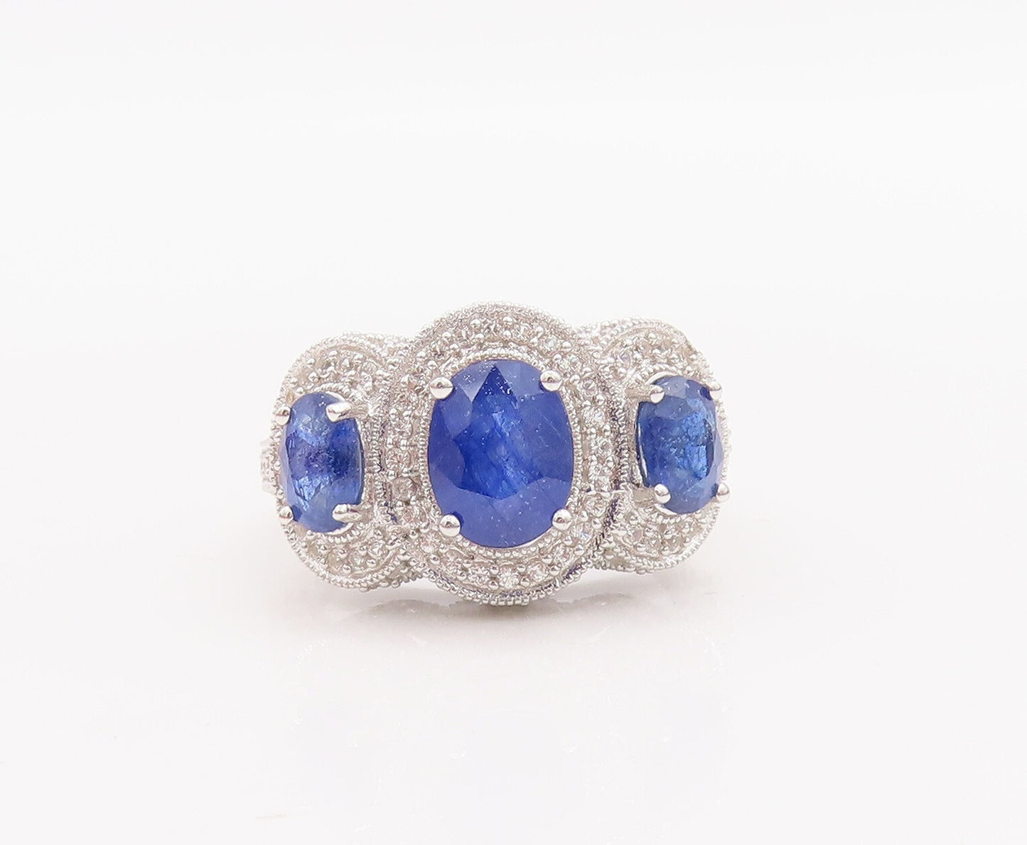 925 Sterling Silver Vintage Ring Tanzanite Halo White Sapphire  Sz 7.5  RG29043