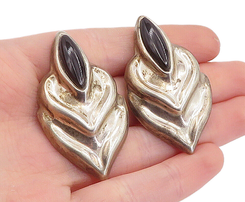 MEXICO 925 Sterling Silver  Vintage Black Onyx Non Pierce Earrings  EG2788