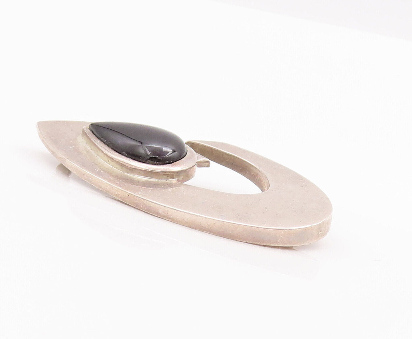 925 Sterling Silver Vintage Brooch Pin Designer Cabochon Drop Shape Onyx BP10871