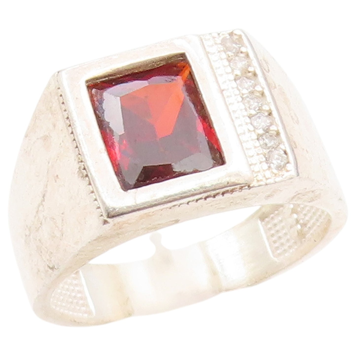 925 Sterling Silver Vintage Ring Garnet & CZ Geometric Signet  Sz 11.5  RG36525
