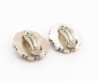 925 Sterling Silver Vintage Earrings NAVAJO Cabochon Onyx Floral Clip On EG14088