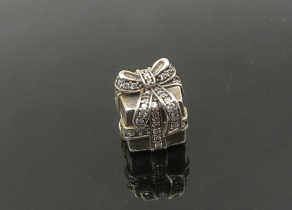 PANDORA 925 Silver  Vintage Shiny Topaz Gift Box Motif Slide Pendant  PT17498