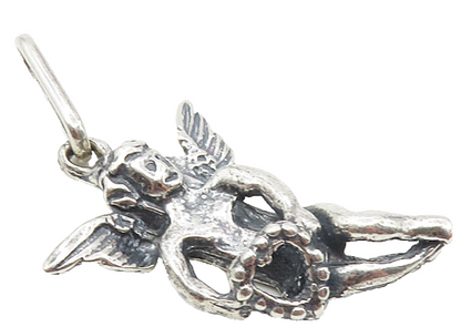 925 Sterling Silver  Vintage Shiny Sculpted Flying Angel Love Pendant  PT7047