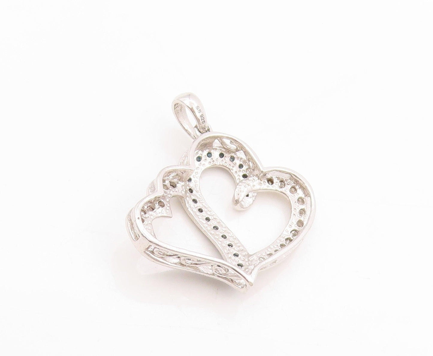 925 Sterling Silver Vintage Pendant Genuine Blue & White Diamonds Heart  PT25825