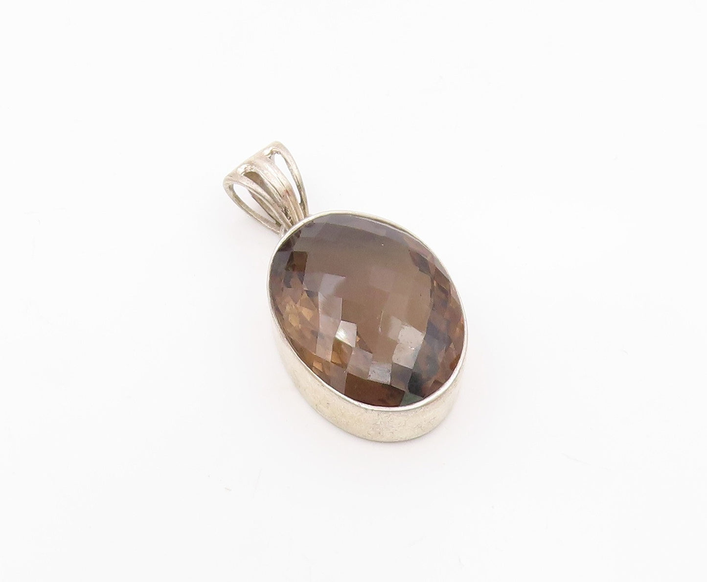 925 Sterling Silver  Vintage Faceted Smoky Topaz Oval Drop Pendant  PT9670