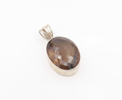 925 Sterling Silver  Vintage Faceted Smoky Topaz Oval Drop Pendant  PT9670