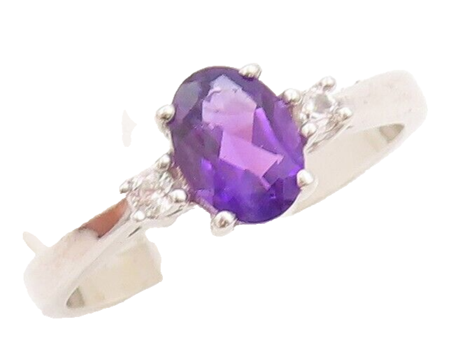 925 Sterling Silver Vintage Ring Oval Cut Amethyst CZ Side Stone  Sz 7  RG29207
