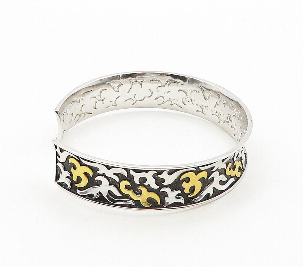 925 Sterling Silver  Shiny Two Tone Embossed Pattern Cuff Bracelet  BT6164