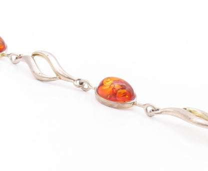 925 Sterling Silver Vintage Bracelet Cabochon Honey Amber Swirly Design  BT11257