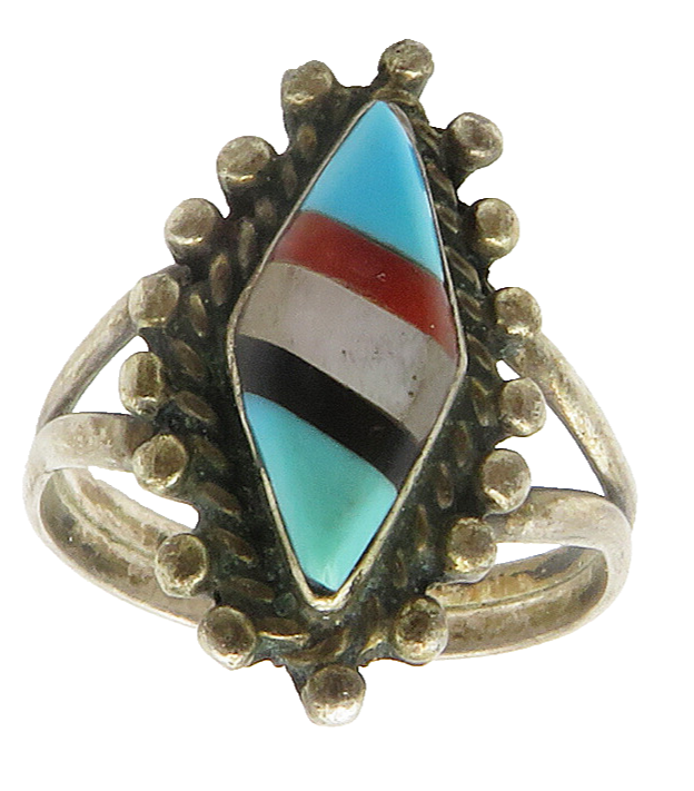 ZUNI 925 Silver Vintage Turquoise & Multi Stone Cocktail Ring Sz 6.5 RG15274