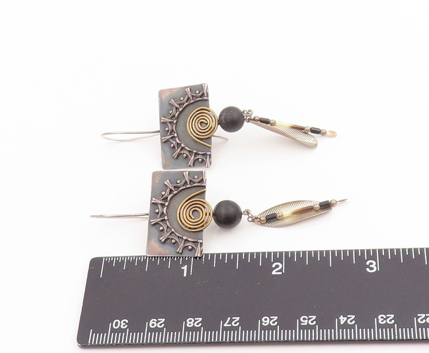 925 Sterling Silver Vintage Earrings Designer Spiral Feather Dangles  EG13785