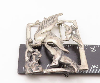 925 Sterling Silver Vintage Brooch Pin Antique Framed Cut Flying Birds BP11292
