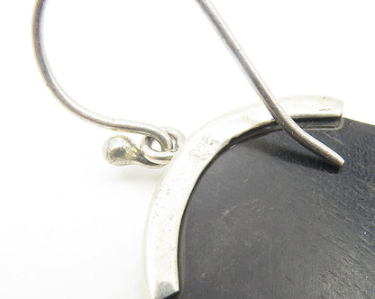 925 Sterling Silver  Vintage Black Wooden Shiny Bail Drop Earrings  EG3159