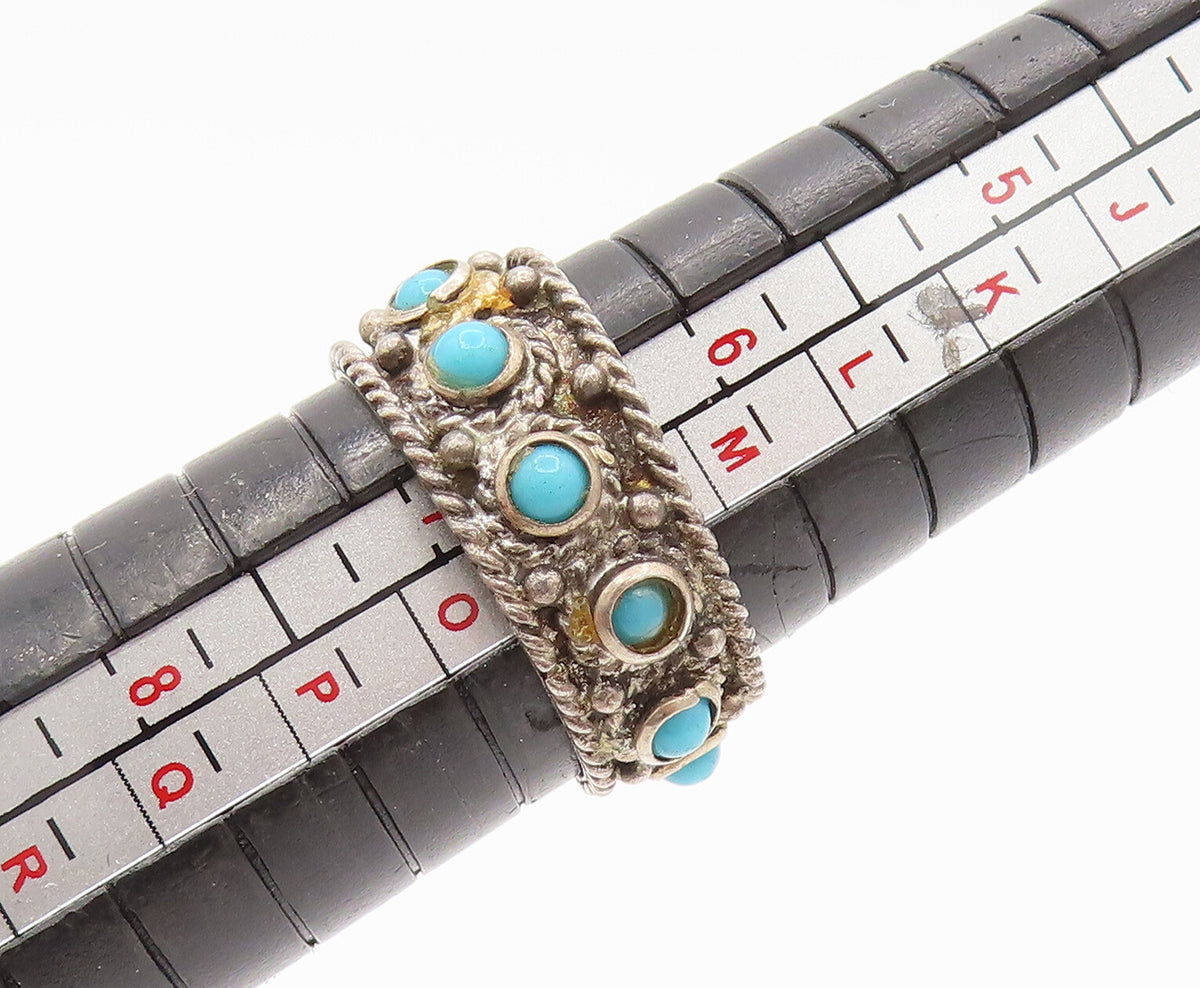 925 Silver  Vintage Twisted Rope Detail & Turquoise Band Ring Sz 6.5  RG26190