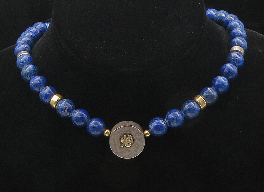 925 Sterling Silver & 14K GOLD  Vintage Lapis Lazuli Beaded Necklace  NE2997