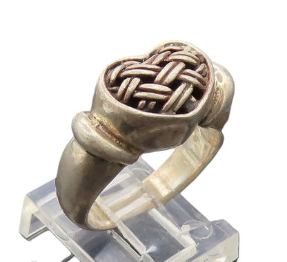 925 Sterling Silver  Vintage Brutalist Woven Carved Heart Ring Sz 7.5  RG27191