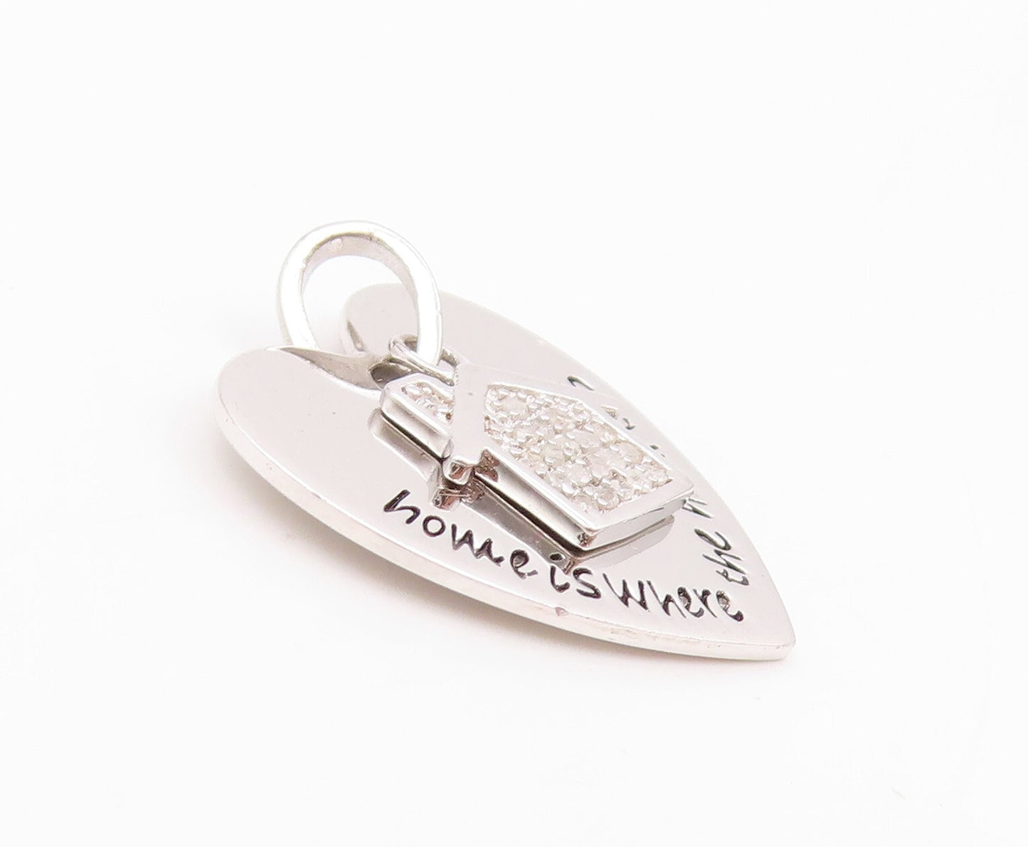 925 Sterling Silver Vintage Pendant Diamonds Inlay Home Carved Heart  PT23902