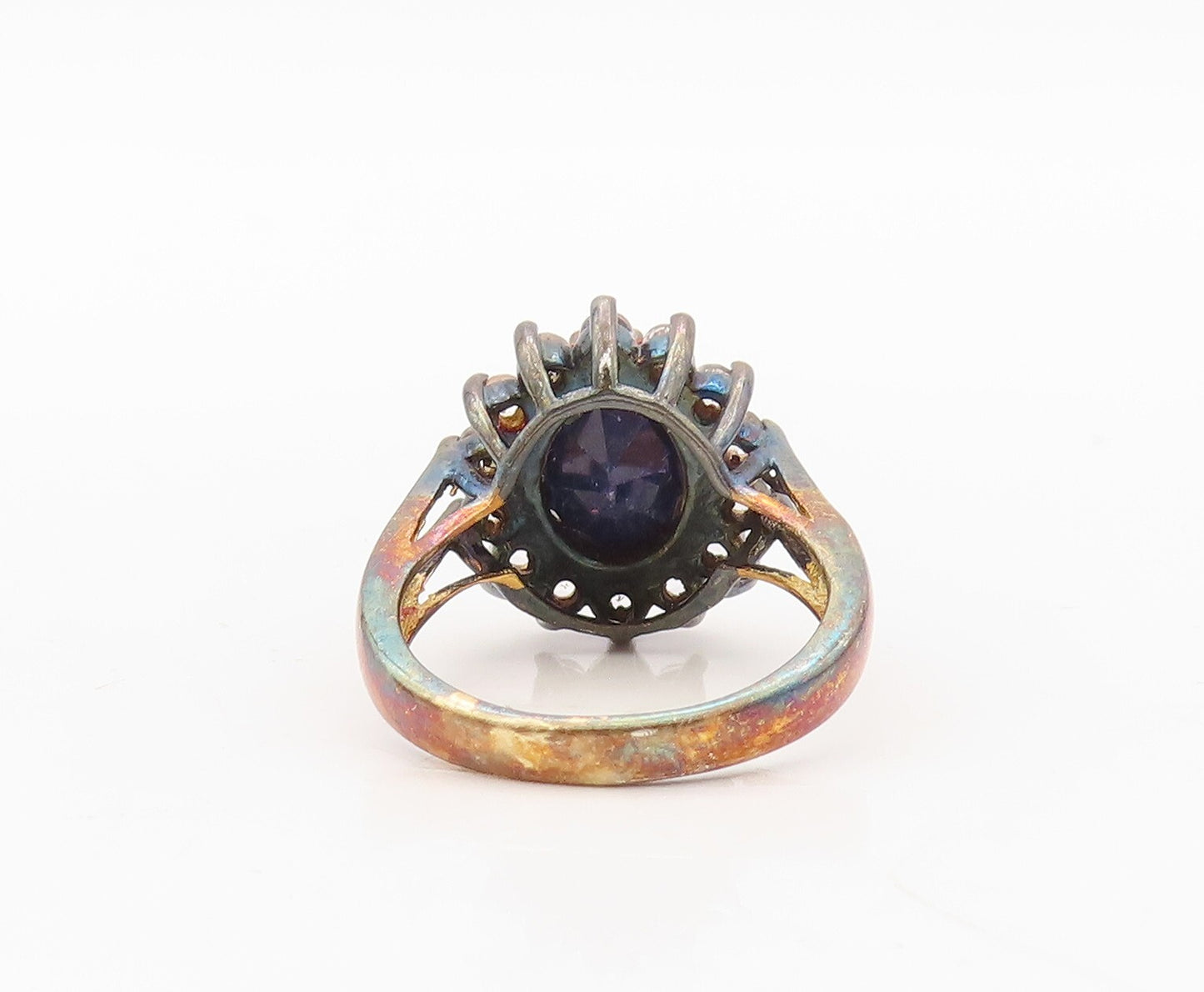925 Sterling Silver Vintage Ring Gold Plated Blue Gemstone & CZ  Sz 8  RG30427